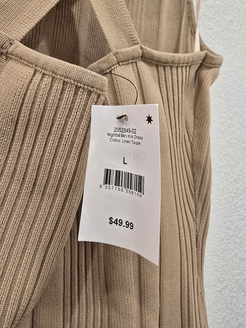 Nightfall Mini rib-knit bodycon round neck sleeveless Dress Linen Taupe L NWT - Picture 3 of 5